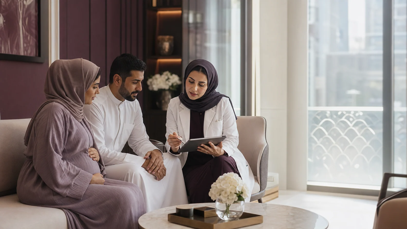 Pregnant couple discussing a coordinated high-risk pregnancy plan with a maternal–fetal medicine clinician
